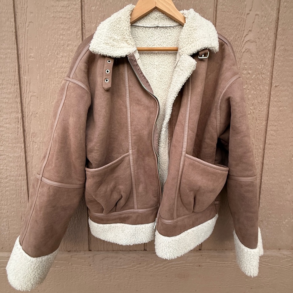 DAZY-LESS BROWN SHEARLING LINED ZIP BUCKLE JACKET WITH POCKETS •• WOMEN'S L - Picture 3 of 5